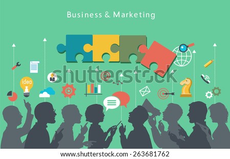 Business people group over conceptual. Silhouettes of people on a background of business icons. Business, Marketing. Mind Map Team - Illustration.