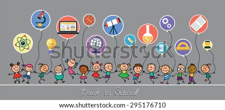 Back to school. Vector sketches with happy pupils. Children hold balloons in the form of icons of education.