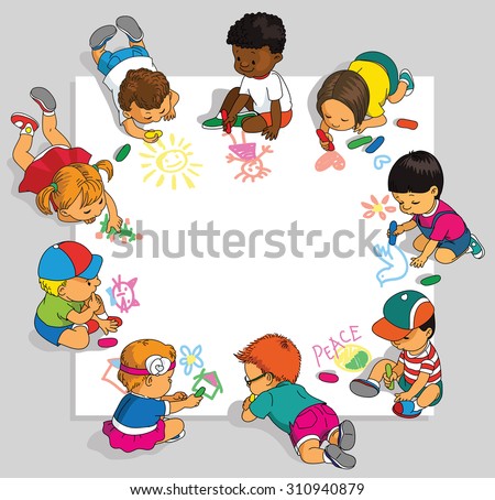 Group of happy children draw on a large sheet of paper.