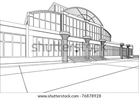 3D rendering wireframe of office building, white background. Concept - modern architecture, designing.