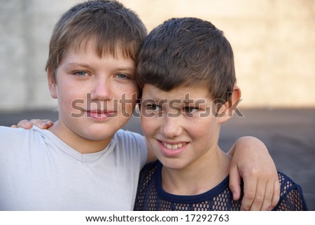 stock photo Two preteen boys outdoors