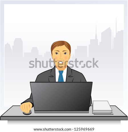 young smiling man with modern laptop in business office on city background with place for text