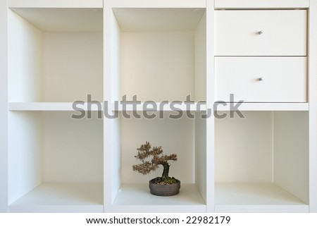An Autumn bonsai sits on a square white shelf. Two drawers and some empty space. Minimal design.