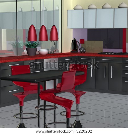Modern kitchen in red, black and white