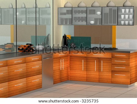 Modern kitchen with glass and wooden cabinets
