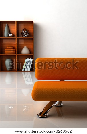 3D rendering of a modern interior with the orange couch.