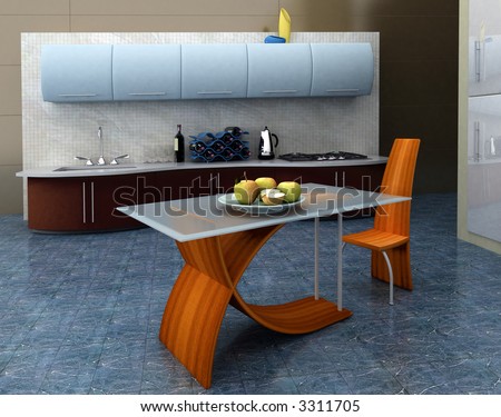 Modern kitchen with apples on the table