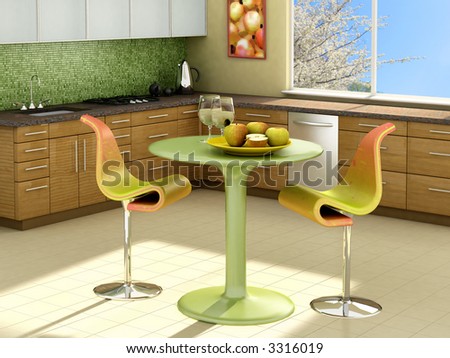 Modern kitchen with apples on the table. The picture on the wall is my own photograph.