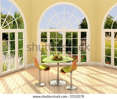 Modern room with french windows and apples on the table.