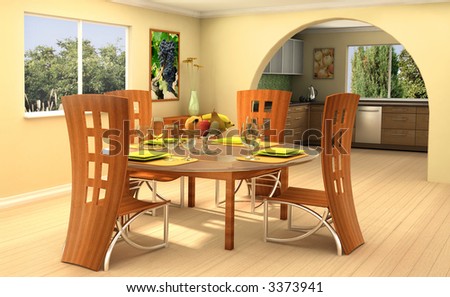Modern dining room with a kitchen on background This is 3d rendering, so if you want some modifications to the scene, change color scheme or have lave large file, just ask.