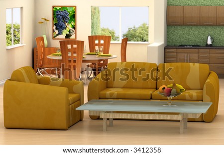 Modern living room with a kitchen and dining room on background This is 3d rendering, so if you want some modifications to the scene, change color scheme or have lave large file, just ask.