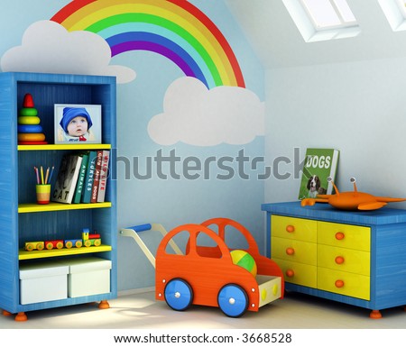 Picture of a boy, book covers, and design on the wall are my own images. 3D rendering of a children room