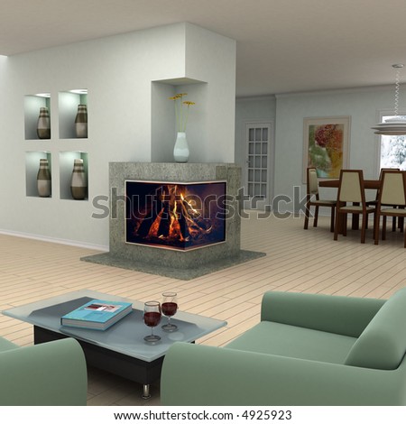 Picture on the wall and book cover are my own images. Modern living room with a fireplace.
