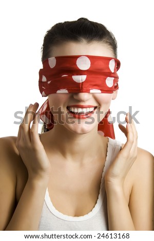 stock photo blindfolded girl smiling as if making a wish