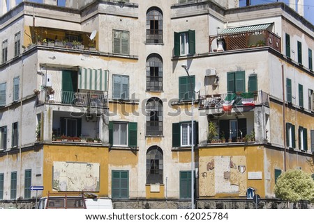 facade of a old hotel building in the Garbatella neighborhood in Rome, Itally