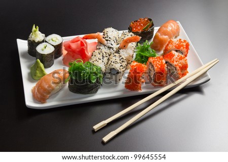 Japanese  seafood  sushi , roll and chopstick on a white plate