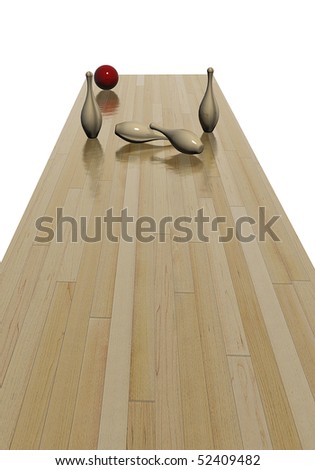 Playing bowling, pins knocked down by red ball