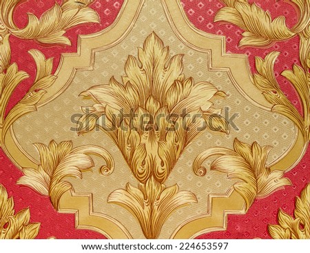 Red and gold retro interior as a background in the closeup