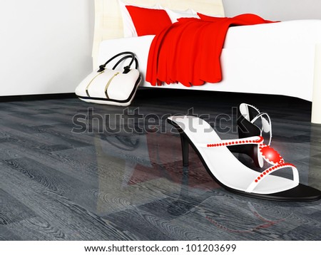 women\'s shoes scattered on the floor and bag near the bed