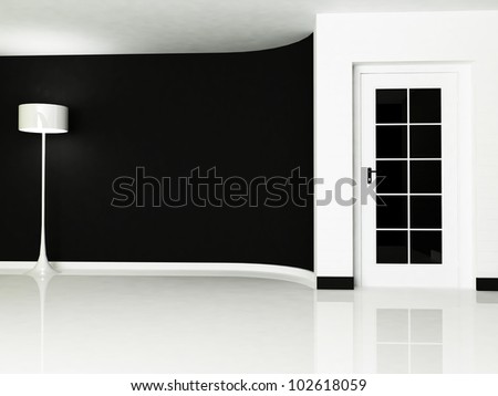 empty room with a door and a lamp, minimalism