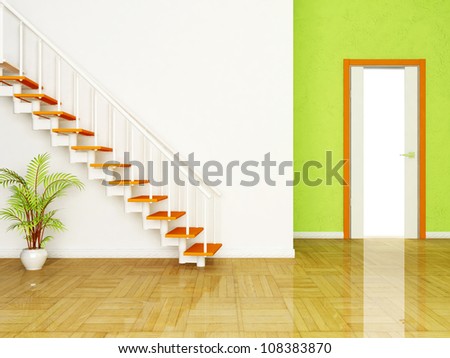 Interior design scene with a plant and the stairs, the door
