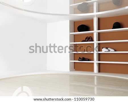 Interior scene with the shelves for shoes and hats