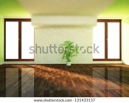 two big windows in the room and a plant