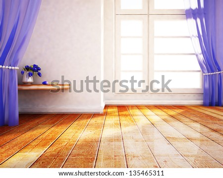 room with a large window, curtains and a bouquet