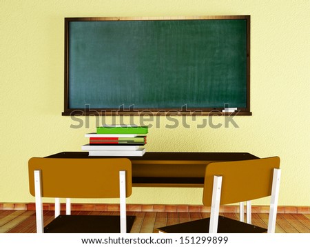 class at school: a desk, books, the chairs and a board