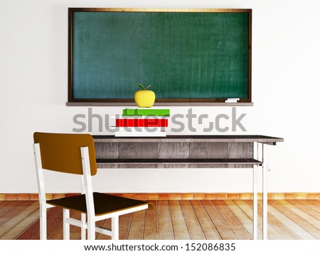 class at school: a desk, books, the chair and a board