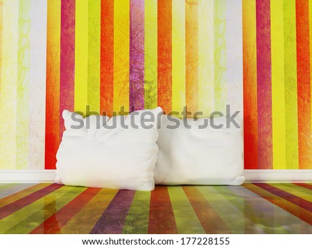 Two white pillows in the colorful room