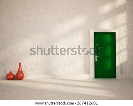 green door in the empty room, 3d rendering