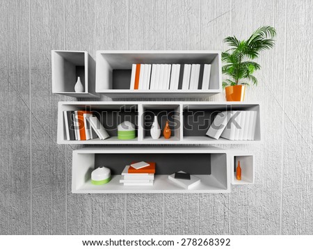 many shelves on the wall, 3d rendering