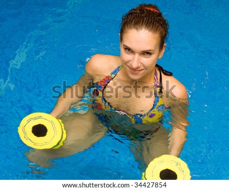aqua aerobic, woman in water with dumbbells.Water exercise