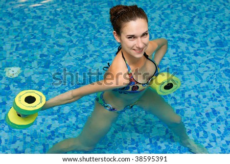 stock photo aqua aerobic woman in water with dumbbells