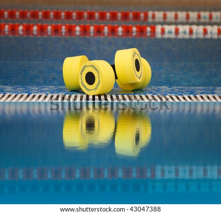 Floating aqua aerobics dumbbells in swimming pool reflected in water