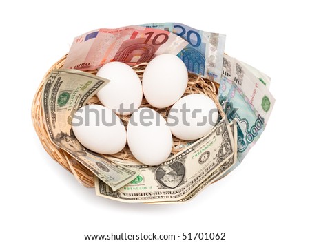 Eggs with money in basket isolated on white background. Financial concept.