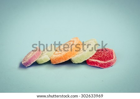 Colorful fruit-paste sweets with filter effect retro vintage style