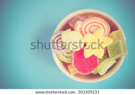 Colorful fruit-paste sweets with filter effect retro vintage style