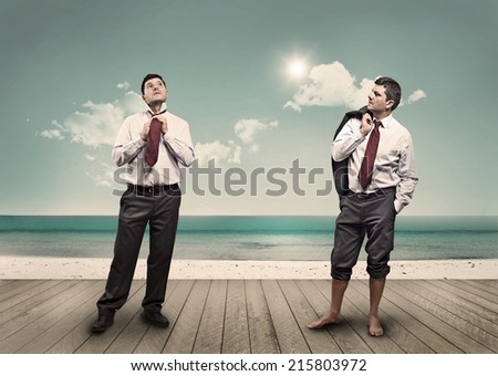 Two men dress office can be found in a seaside