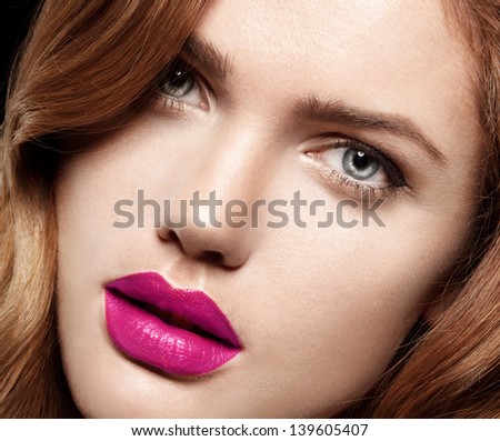 Beauty Woman With Perfect Makeup. Pink Lips And Nails. Closeup Portrait Of Young Lady