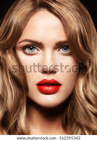 Beautiful Young Model Woman With Red Lips And Shine Hair