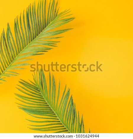 Green tropical palm leaves on bright yellow background. Minimal summer concept. Creative flat lay.