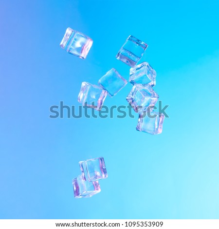 Ice cubes in vibrant bold gradient purple and blue holographic color lights. Concept art. Minimal summer surrealism.