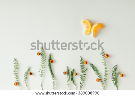 Flat lay setup made of tangerine and green grass on white background.