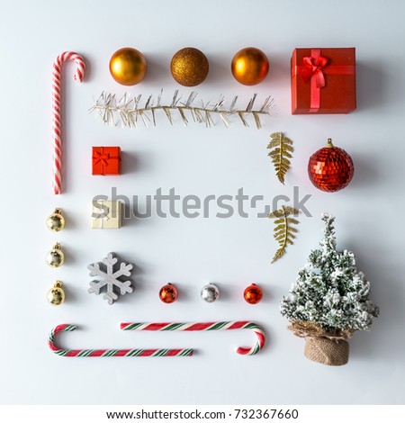 Creative Christmas layout made of christmas winter decoration. Flat lay. Nature New Year concept.