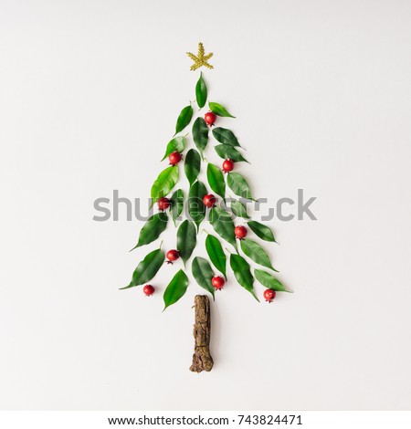 Christmas tree made of leaves and branch. Flat lay. New Year nature minimal concept.