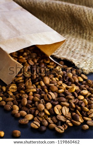 coffee grains are scattered from a package