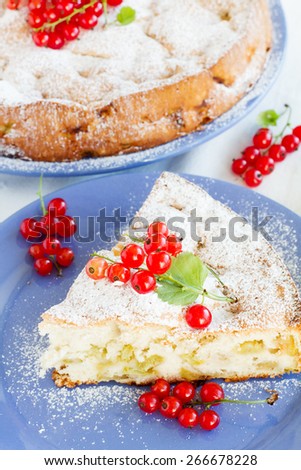 piece of sweet cake with red currants on a plate