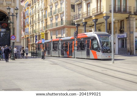 SPAIN, SARAGOSSA - May 4.2014: Street in the historical center of city with tram-car ways